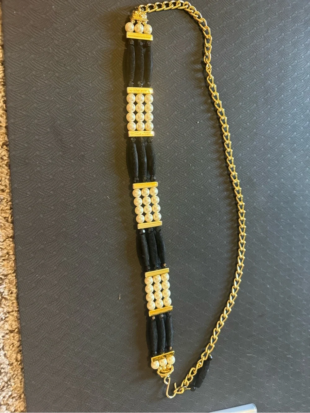 Gold-Tone Pearl Accent Black Fabric Choker Necklace 11